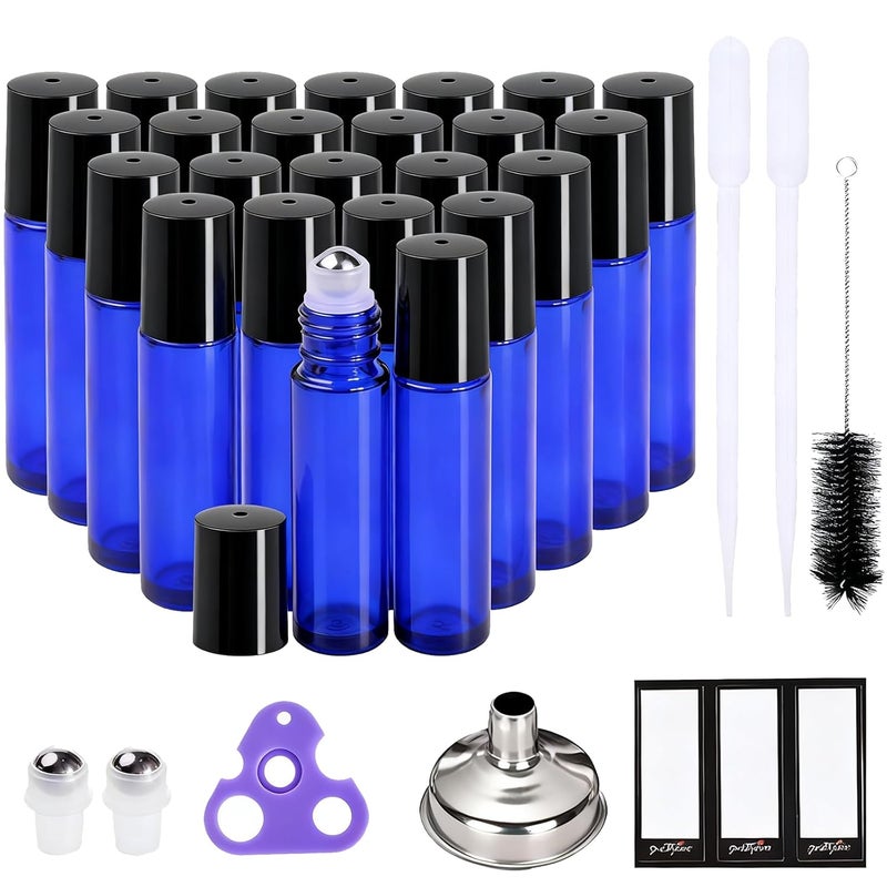 PrettyCare Roller Bottles For Oils 10 ml (Blue Glass, 24 Pack, 2 Extra Stainless Steel Balls, 2 droppers, 1 small brush, 24 Labels, 1 Opener, 1 Funnels Essential Oil Roller Bottles, Roller on Bottles - Image 1